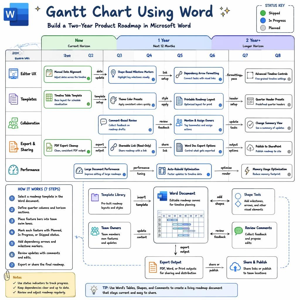 Tech infographic of a two-year Gantt chart using Word with quarter columns, team swim lanes, feature pills, arrows, and legend.