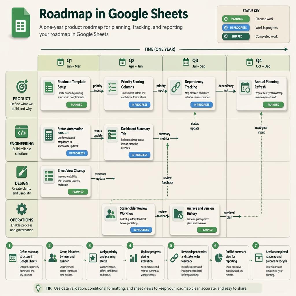 Isometric roadmap in Google Sheets infographic with Q1-Q4 columns, team swim lanes, feature cards, arrows, and status pills.