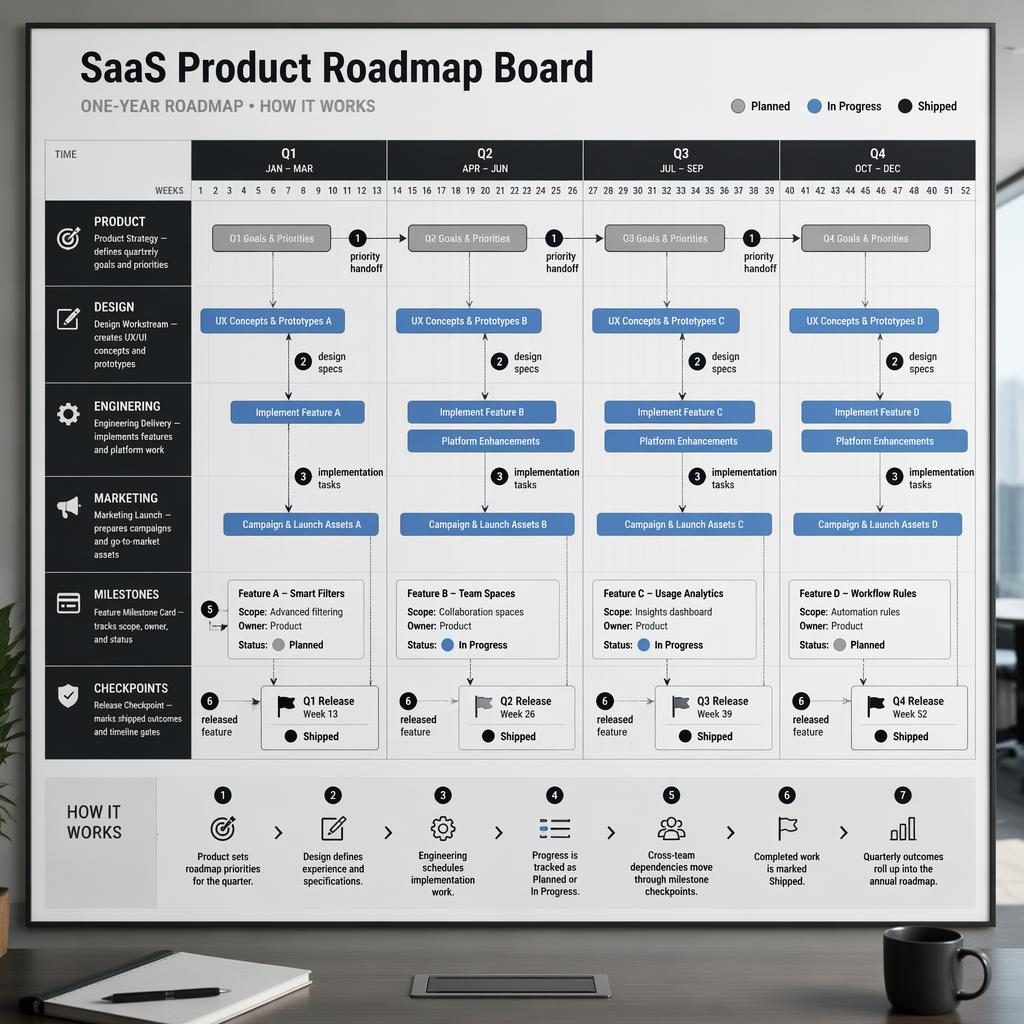 Board roadmap SaaS in stile gant sheet con timeline Q1-Q4, task bar per team, box collegati da frecce e legenda 1-7.