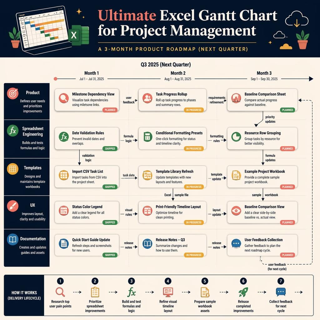 Quarterly product roadmap infographic with Month 1-3 timeline, team swim lanes, feature cards, arrows, and status labels.