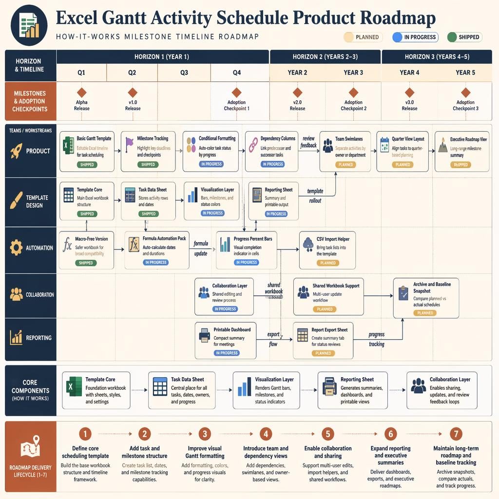 Infografía vectorial de cronograma de actividades Gantt Excel con trimestres, hitos, carriles por equipo y tarjetas de funciones.