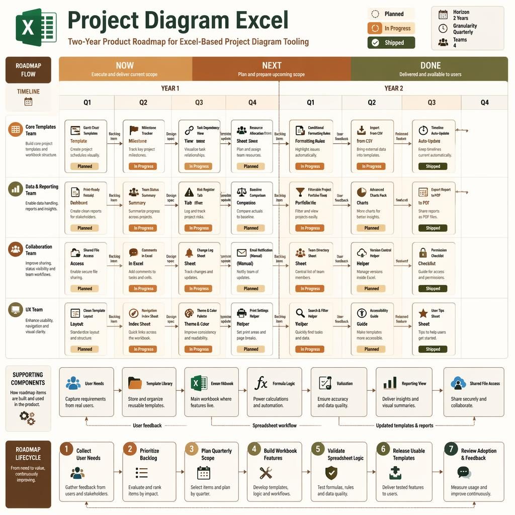 Kanban-Roadmap-Infografik für projekt diagramm excel mit NOW, NEXT, DONE, 8 Quartalen, Swimlanes und Feature-Karten.