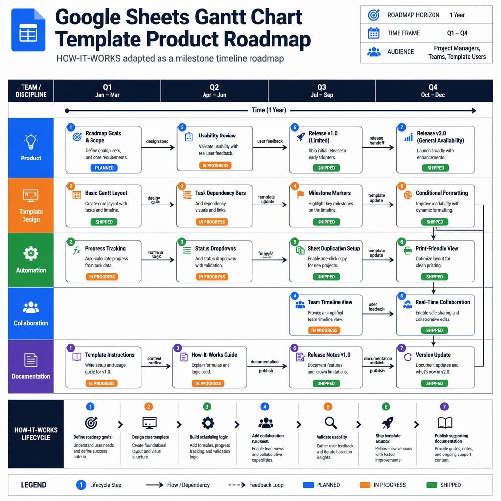 Infographie roadmap Q1-Q4 d’un template Google Sheets Gantt avec jalons, swimlanes, cartes fonctionnalités, flèches et légende.