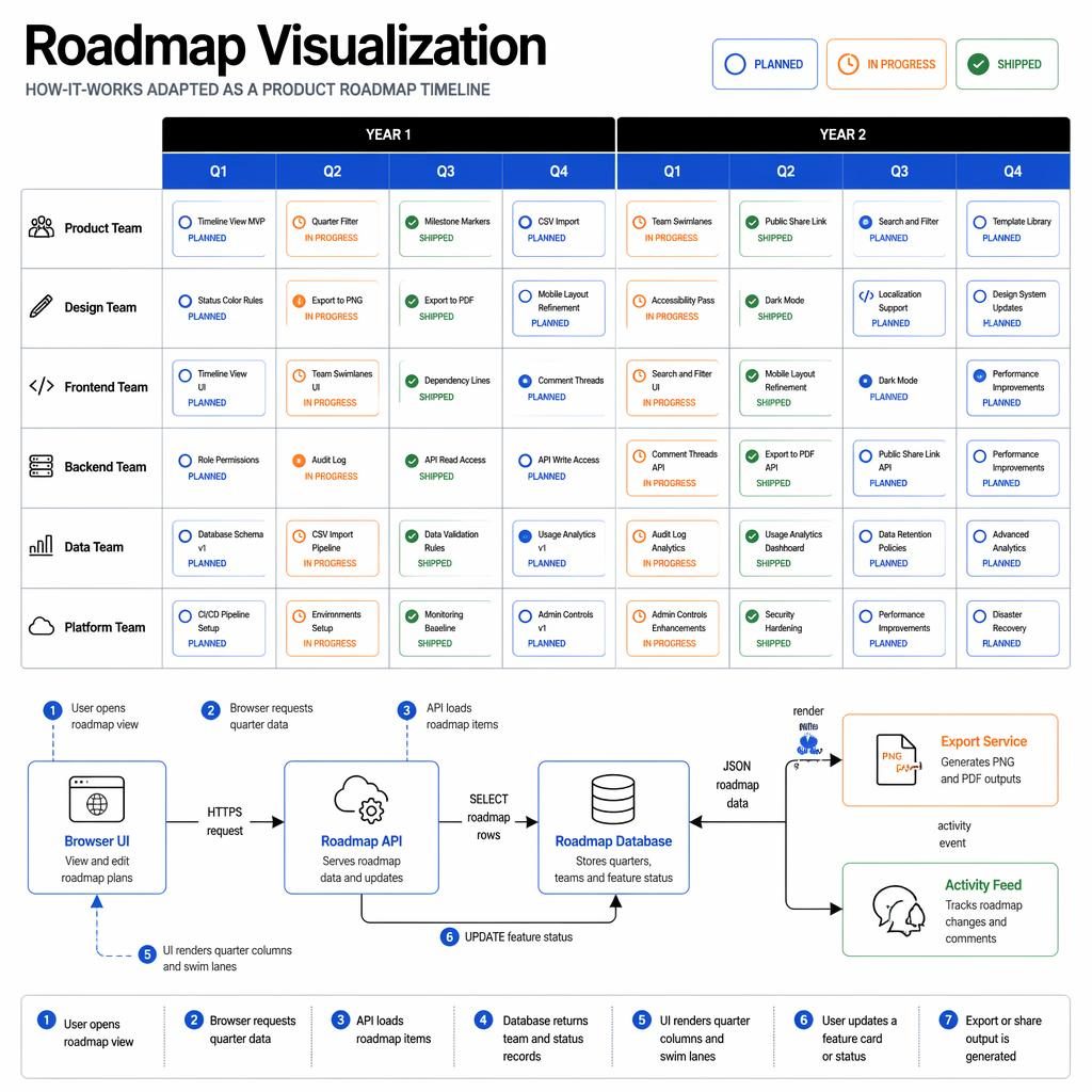 Minimale Tech-Infografik zur roadmap visualisierung mit 8 Quartalen, Team-Swimlanes, Statuskarten und Architektur-Boxen.