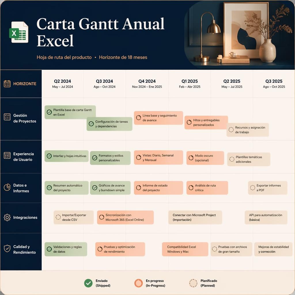 Infografía de roadmap tipo carta gantt anual excel con 18 meses, hitos, estados por color y carriles por equipo.