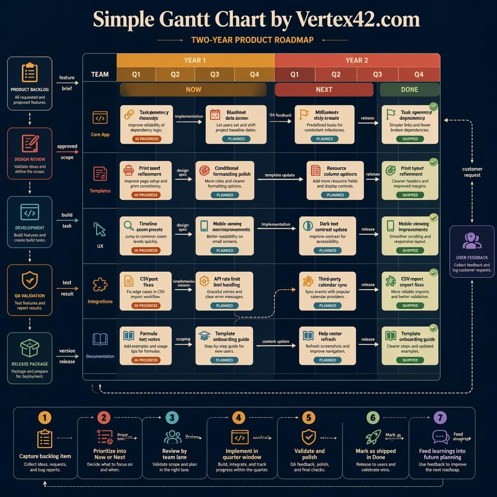 Editorial roadmap infographic with Now, Next, Done lanes, 8 quarter columns, team swim lanes, feature cards, arrows, and legend.