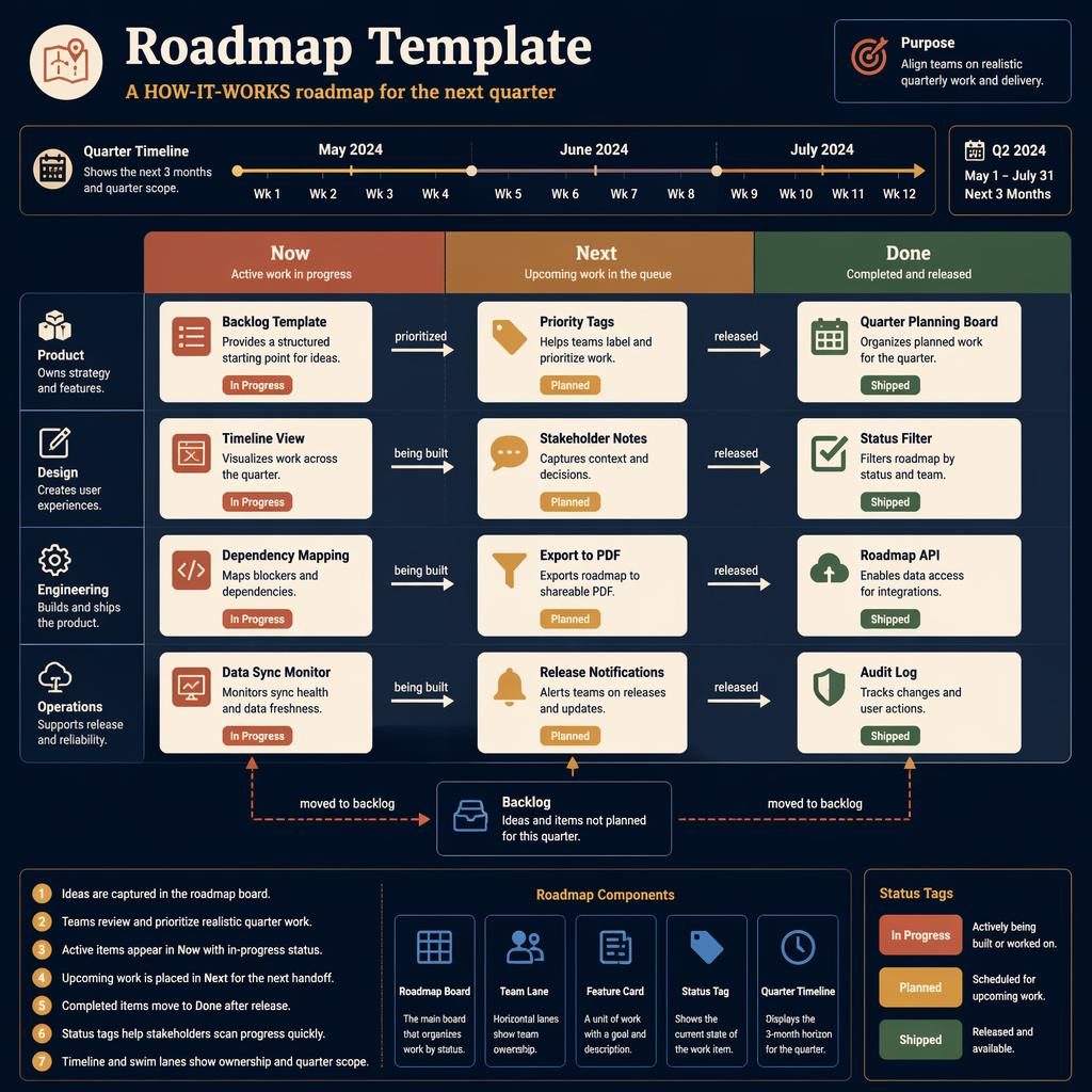 Flache Vektor-Infografik einer roadmap vorlage mit Spalten Now, Next, Done, Team-Lanes und Quartalsachse.