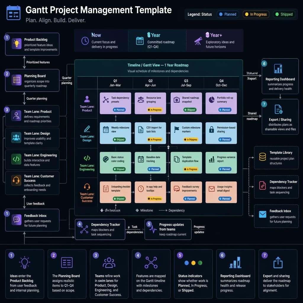 Dark SaaS roadmap infographic for a gantt project management template with Q1-Q4 timeline, team swim lanes, boxes, arrows, and status pills.