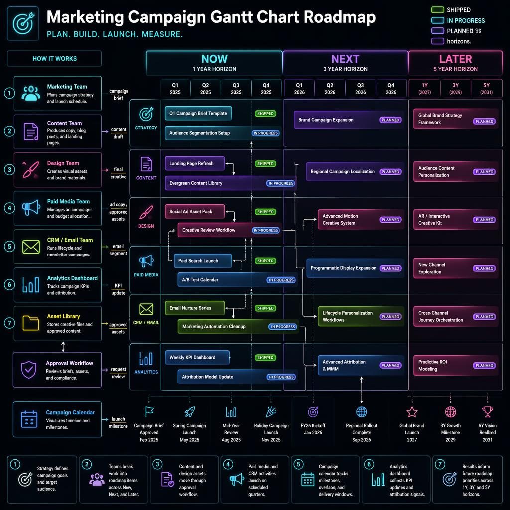 Dark-mode roadmap board showing a gantt chart for marketing campaign with now, next, later, team lanes, and 1Y 3Y 5Y