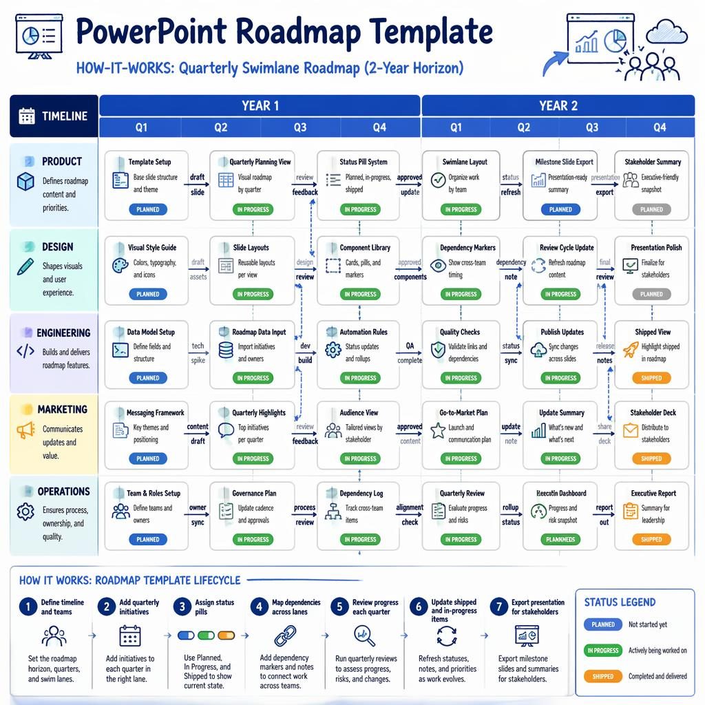 Vector infographic of a powerpoint road map template with 2-year quarterly columns, team swimlanes, feature cards, arrows, and legend.
