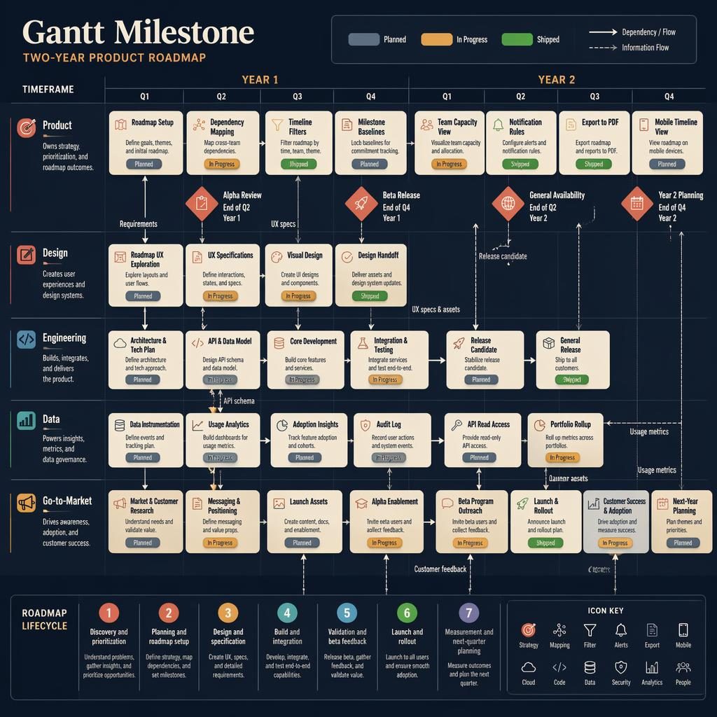 Tech infographic showing a gantt milestone roadmap across 8 quarters with team swim lanes, milestone cards, arrows, and status pills.