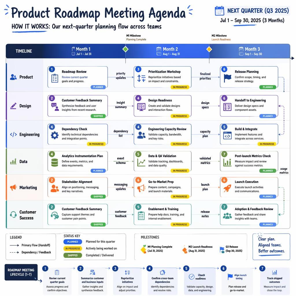 Vector tech infographic of a product roadmap meeting agenda with 3 monthly columns, team swim lanes, status cards, arrows, and legend.