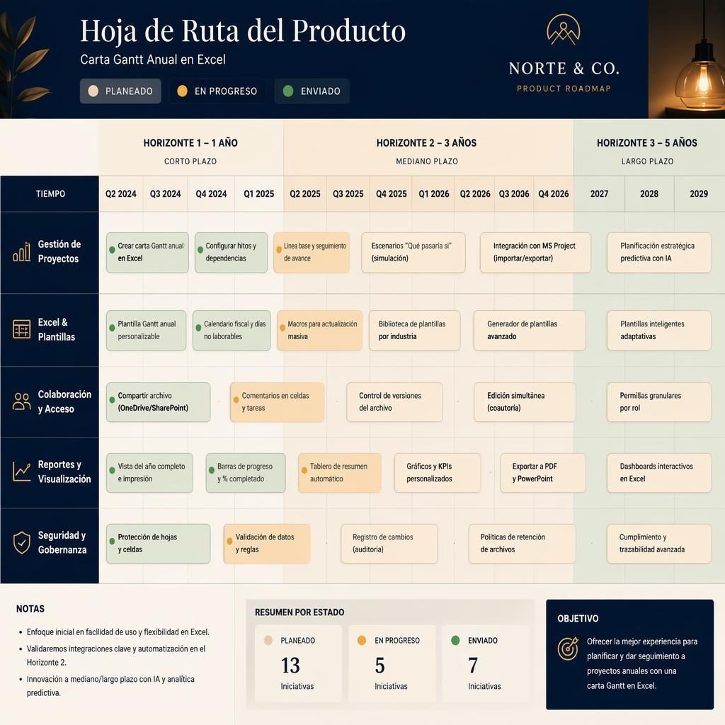 Infografía tipo roadmap con tablero now, next, done, horizonte 1, 3 y 5 años, columnas por trimestre y estados visuales.