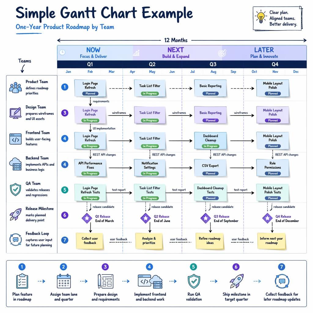 Infografía de roadmap anual Q1-Q4 con equipos, tarjetas de funciones, flechas, estados y leyenda de ciclo en estilo tech.