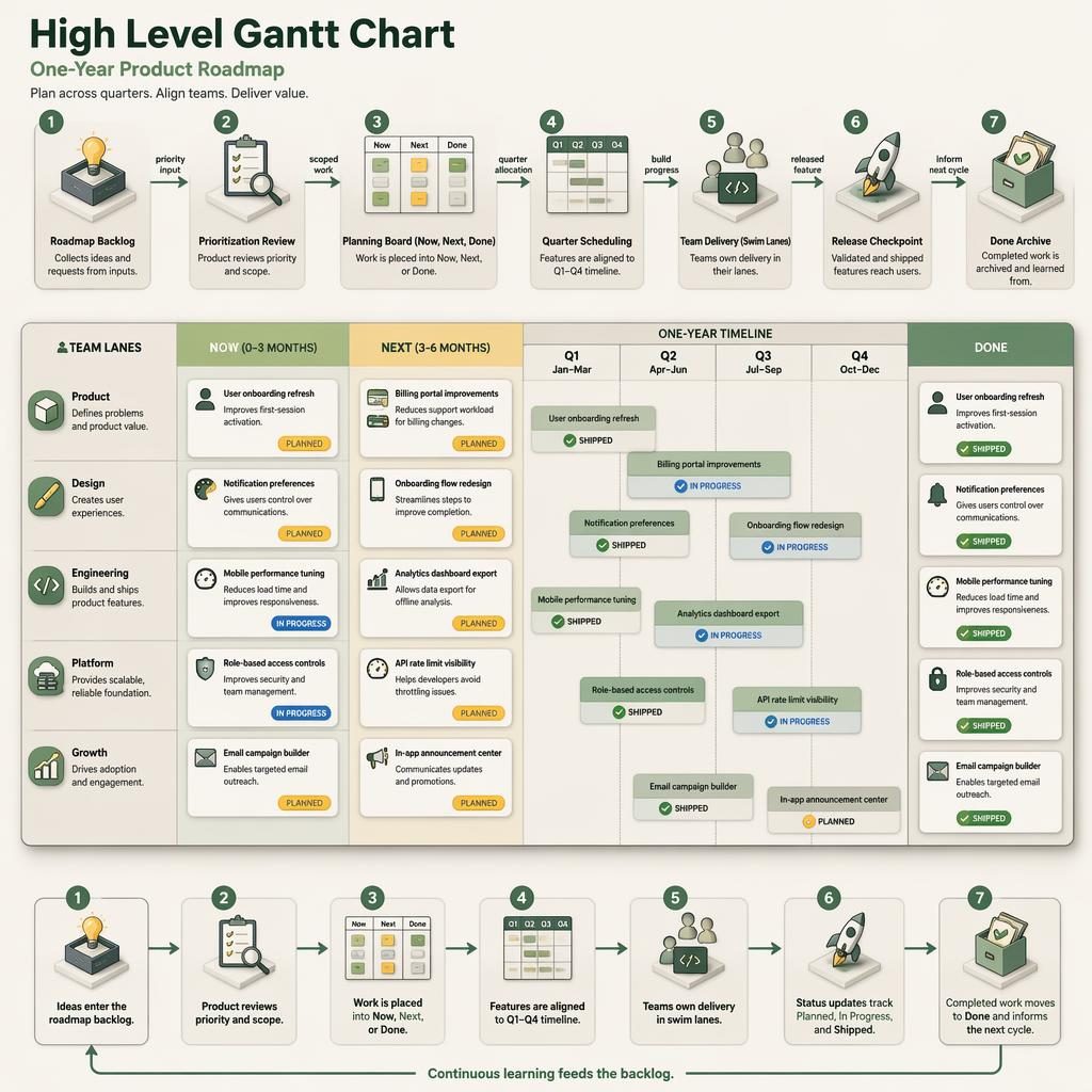 Isometric high level gantt chart roadmap board with Now, Next, Done columns, Q1-Q4 timeline, team lanes, feature cards, arrows, and legend.