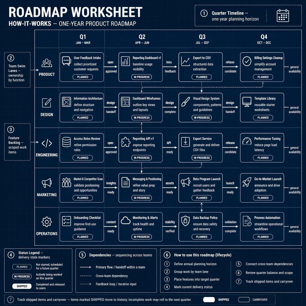 Blueprint-style roadmap worksheet infographic with Q1-Q4 columns, team swim lanes, feature cards, status pills, arrows, and legend.