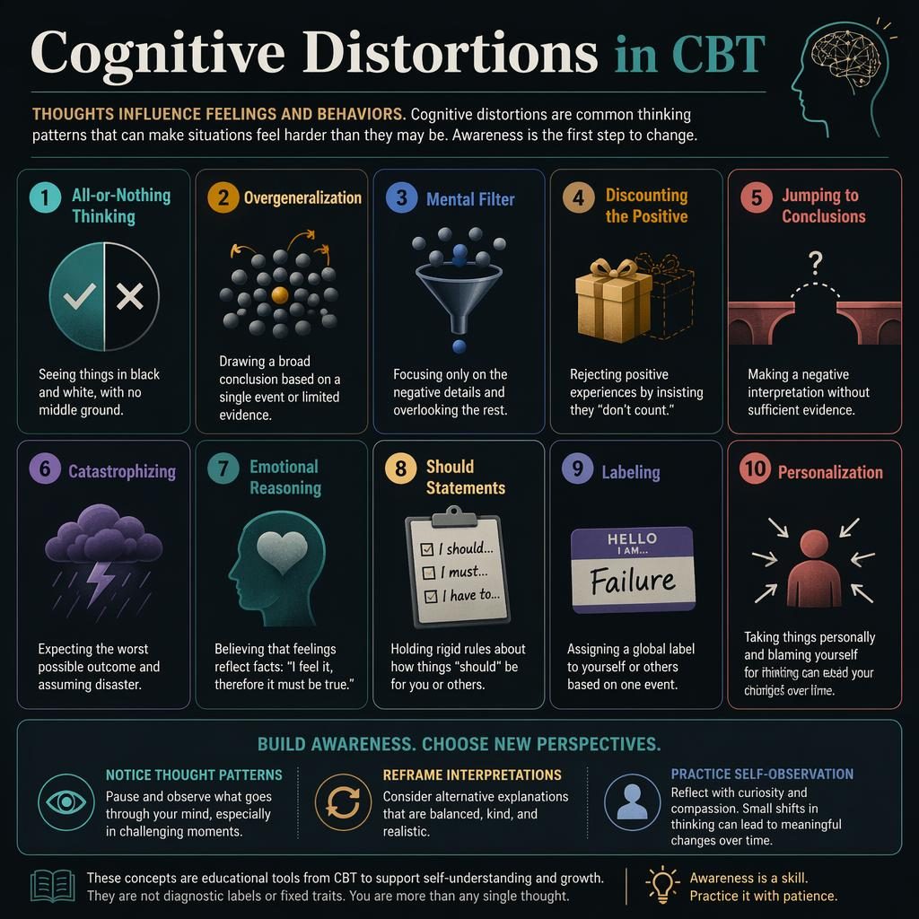 Dark mode psychology poster grid with 10 numbered CBT cognitive distortion cards, icons, and English captions.