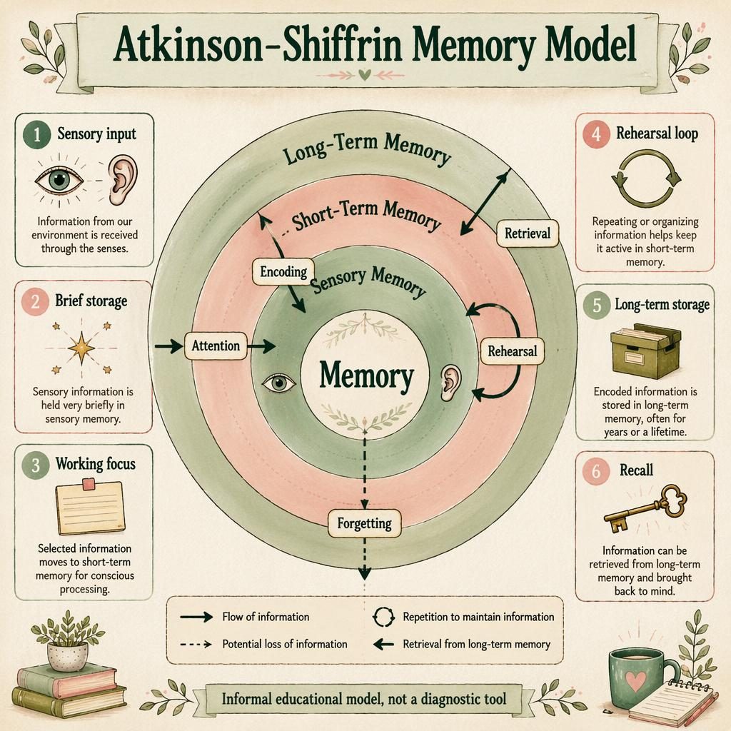 Editorial psychology wheel infographic with Memory hub, sensory, short-term, and long-term memory rings and 6 info cards.