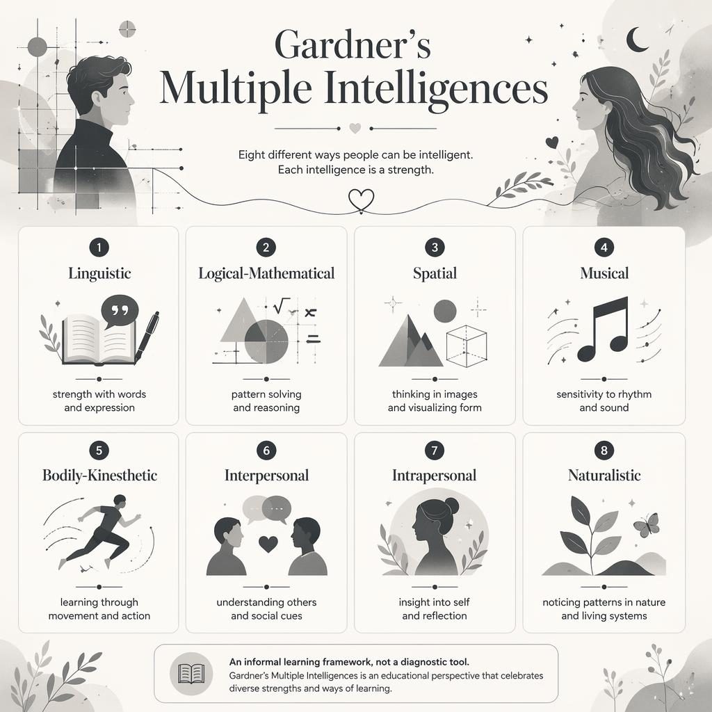Educational poster grid with 8 numbered Gardner multiple intelligences cards, grayscale icons, and abstract paired shapes