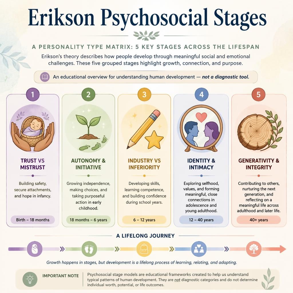 Infografía editorial con 5 tarjetas numeradas, iconos suaves y texto en inglés sobre etapas psicosociales de Erikson.