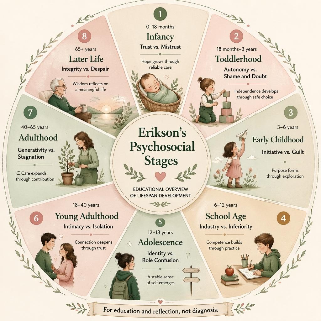 Hand-illustrated sage and blush wheel infographic of Erikson's psychosocial stages with 8 labeled life stages and icons.