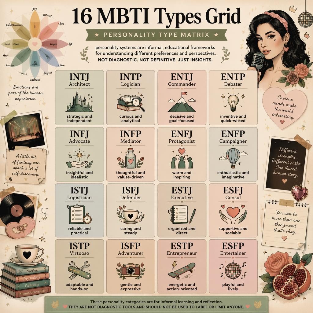 Editorial psychology infographic showing a 4x4 MBTI types grid with 16 labeled personality cards, warm sage and blush art.
