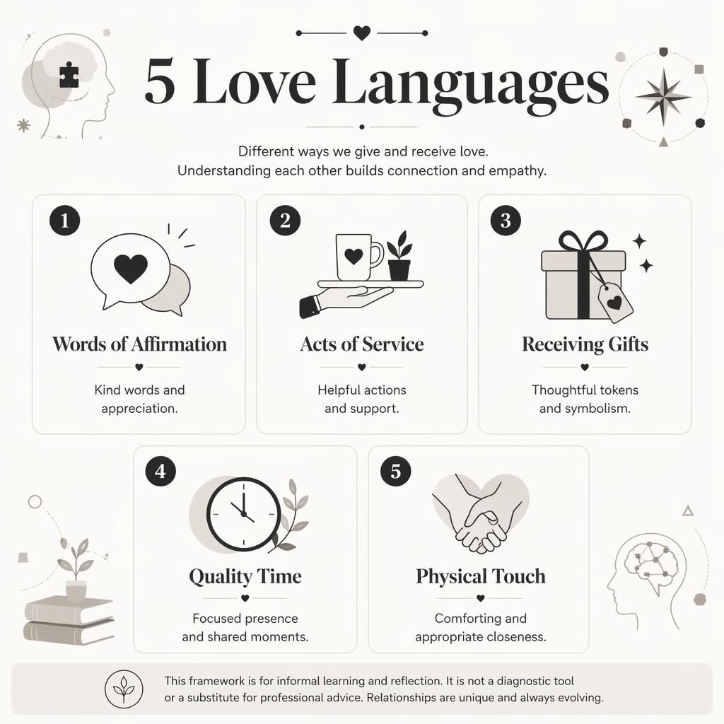 Monochrome psychology poster grid with 5 numbered love language cards, simple icons, English captions, and neutral footer note.