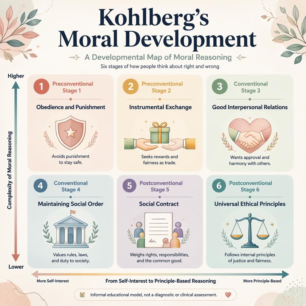 Pastel psychology infographic showing a 2x3 map of Kohlberg's moral development with six labeled stages, soft icons, axes, and footer note.