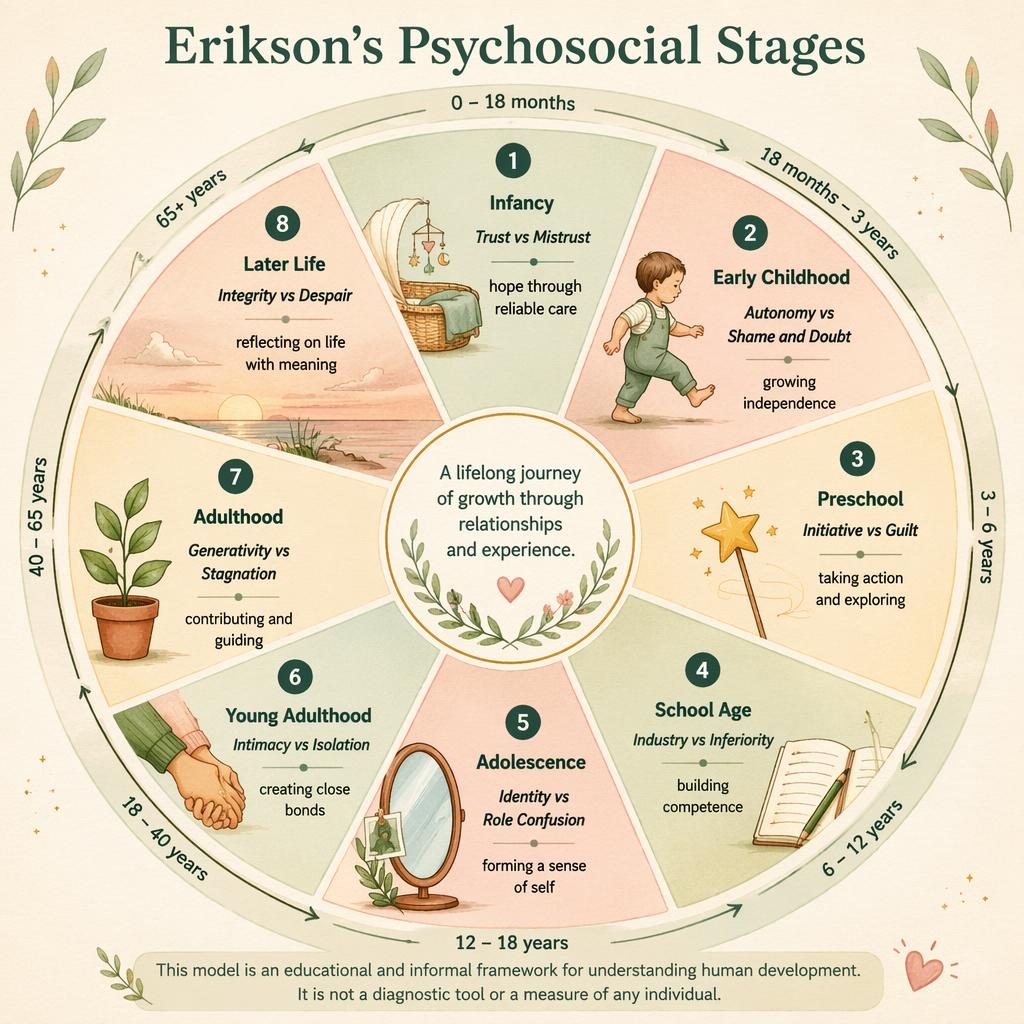 Circular Erikson psychosocial stages infographic with 8 labeled segments, soft sage and blush palette, icons, and cream background.