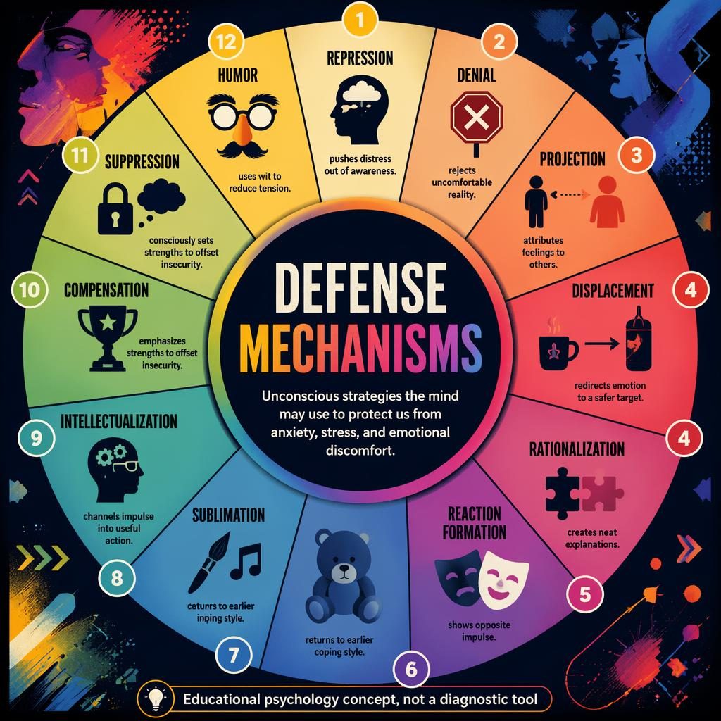 Editorial wheel infographic titled Defense Mechanisms with 12 labeled segments, icons, bold gradient hub, and footer note.