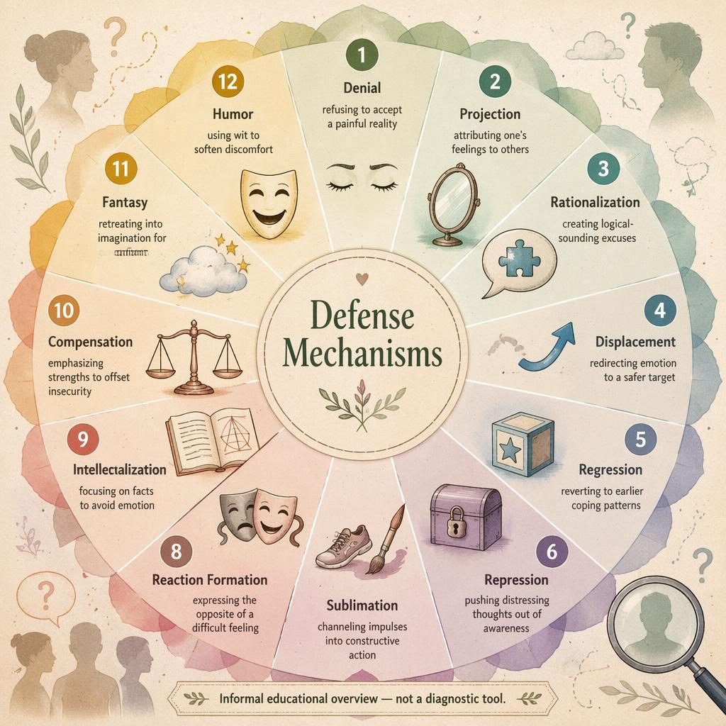 Warm editorial psychology wheel infographic titled Defense Mechanisms with 12 labeled segments, icons, sage and blush tones.