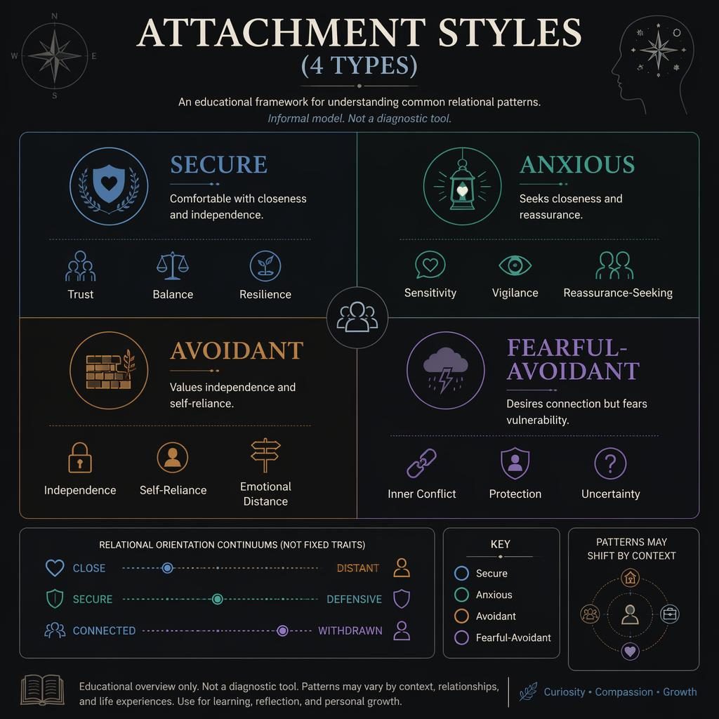 Dark mode psychology infographic showing a 2x2 Attachment Styles matrix with Secure, Anxious, Avoidant, and Fearful-Avoidant.