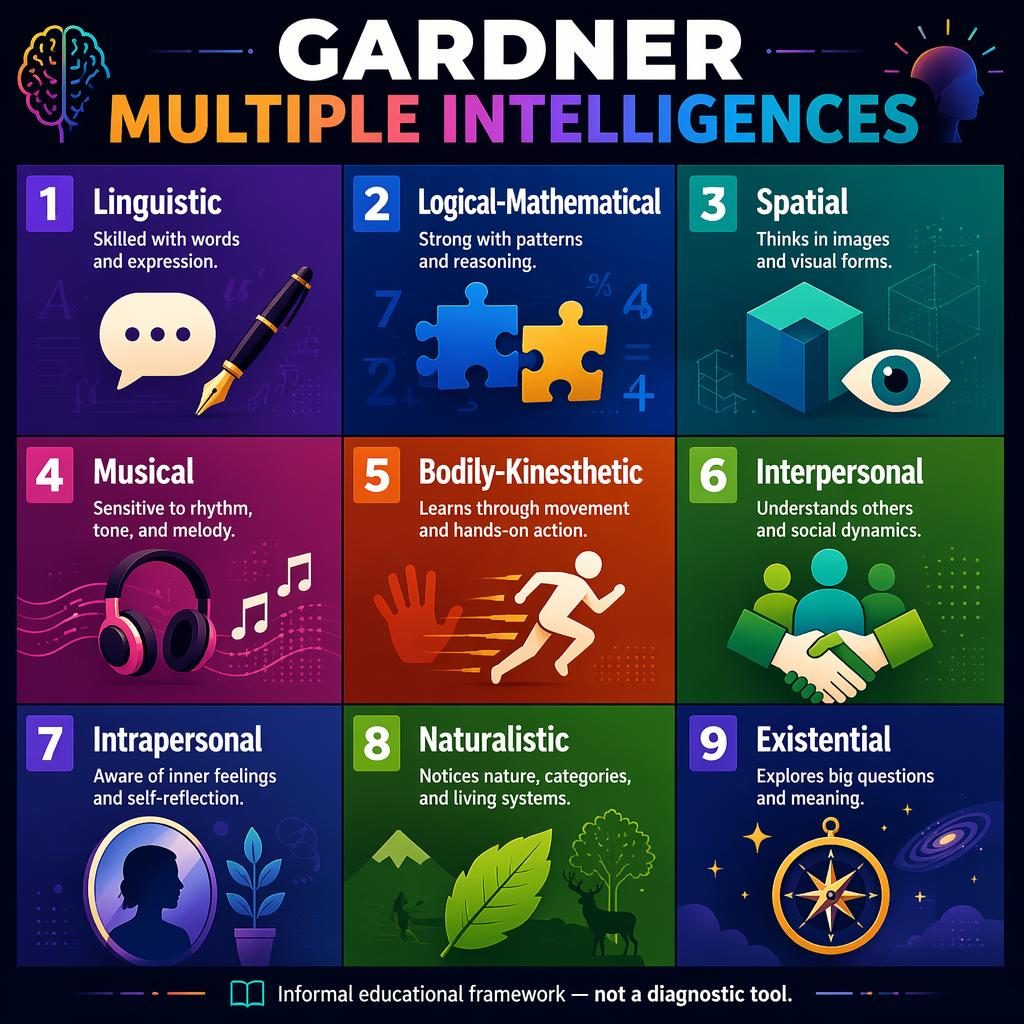 Editorial infographic with a 3x3 Gardner multiple intelligences grid, 9 labeled panels, icons, bold gradients, and footer note.