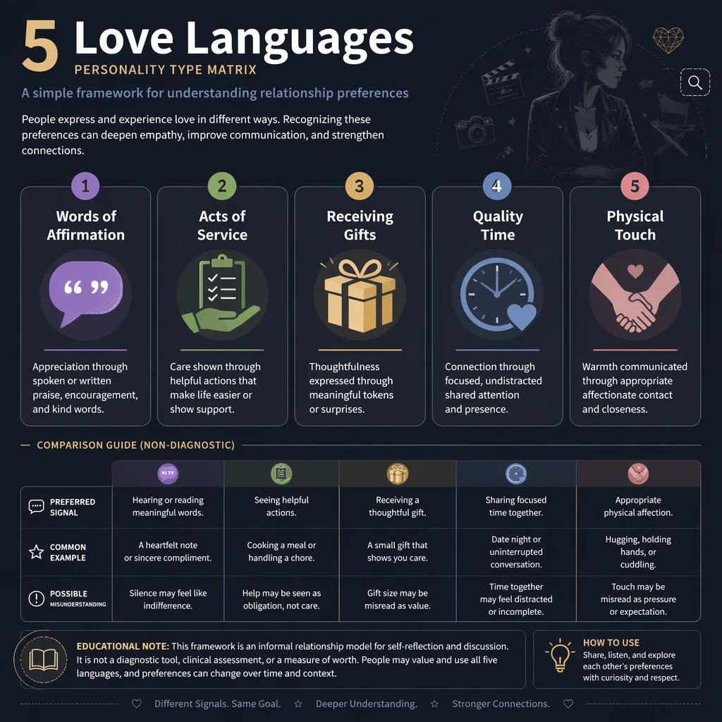 Dark mode psychology infographic with 5 numbered love language cards, icons, captions, legend, and educational note.