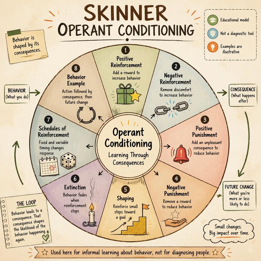 Sketchnote-style psychology wheel infographic on operant conditioning with 8 labeled segments, icons, arrows, and earth tones.