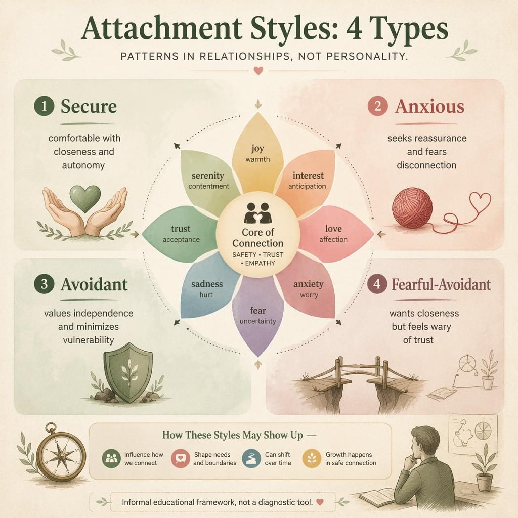 Psychology infographic with a central emotion wheel and four labeled attachment style quadrants in sage and blush tones.