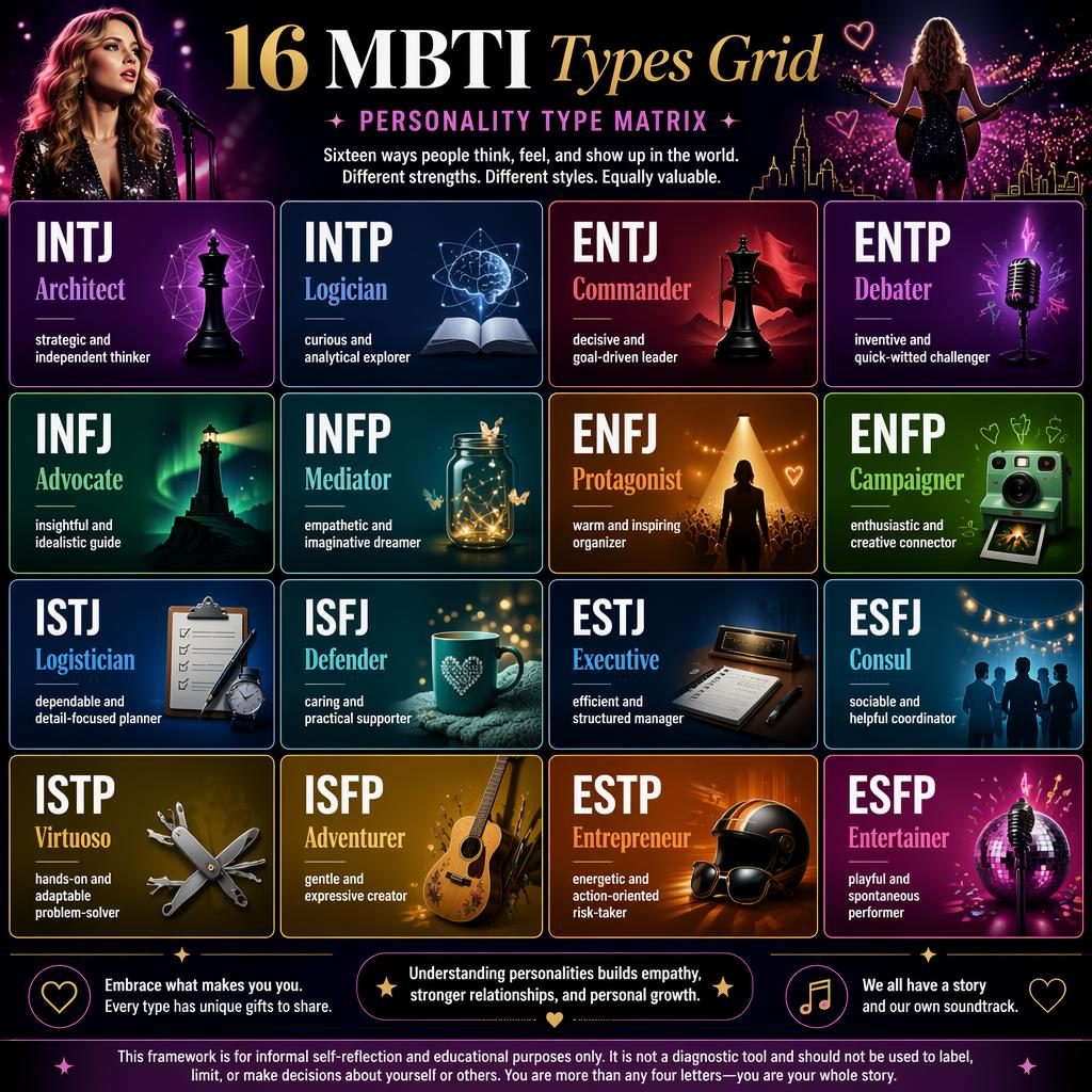 Editorial infographic showing a 4x4 grid of 16 MBTI types with icons, gradients, bold typography, and an educational footer note.