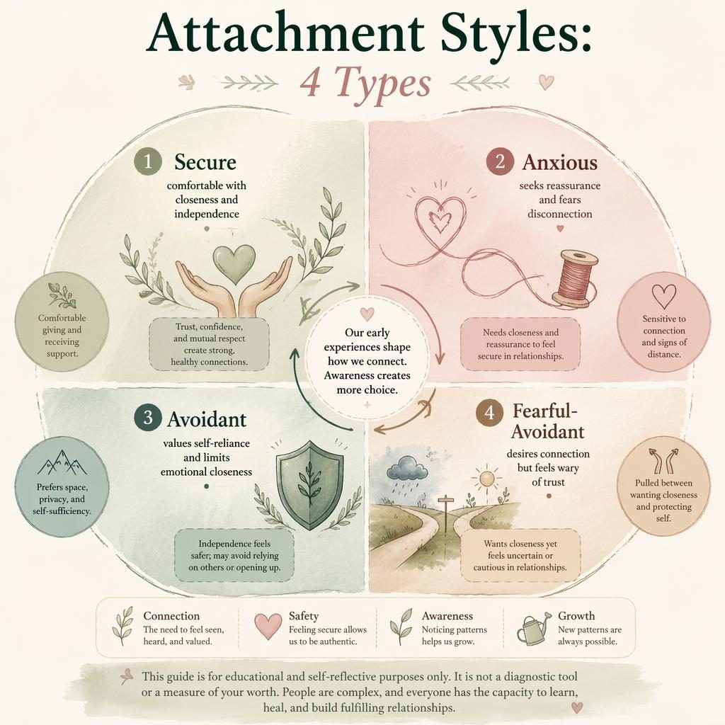 Circular attachment styles infographic with 4 labeled sections, soft watercolor textures, sage and blush palette, and gentle icons.