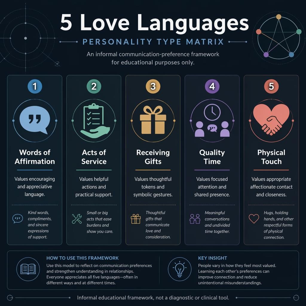 Dark mode psychology infographic with 5 numbered cards on love languages, icons, subtitle, footer note, and subtle enneagram chart style accents.