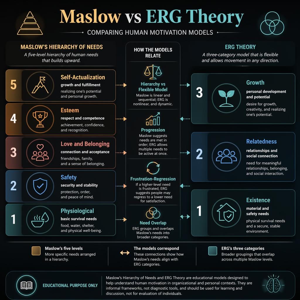 Dark mode academic infographic comparing Maslow’s 5 needs and ERG’s 3 categories in two aligned columns with arrows.