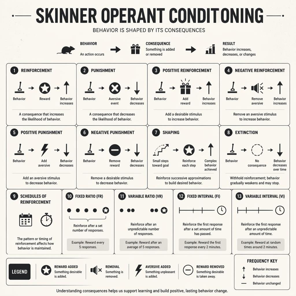 Monochrome educational poster grid on Skinner operant conditioning with 13 numbered cards, icons, arrows, and legend.