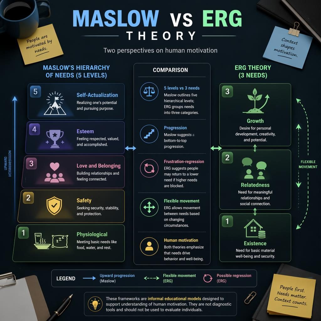 Dark-mode psychology infographic comparing Maslow’s 5-level hierarchy and ERG’s 3 needs with icons and arrows.