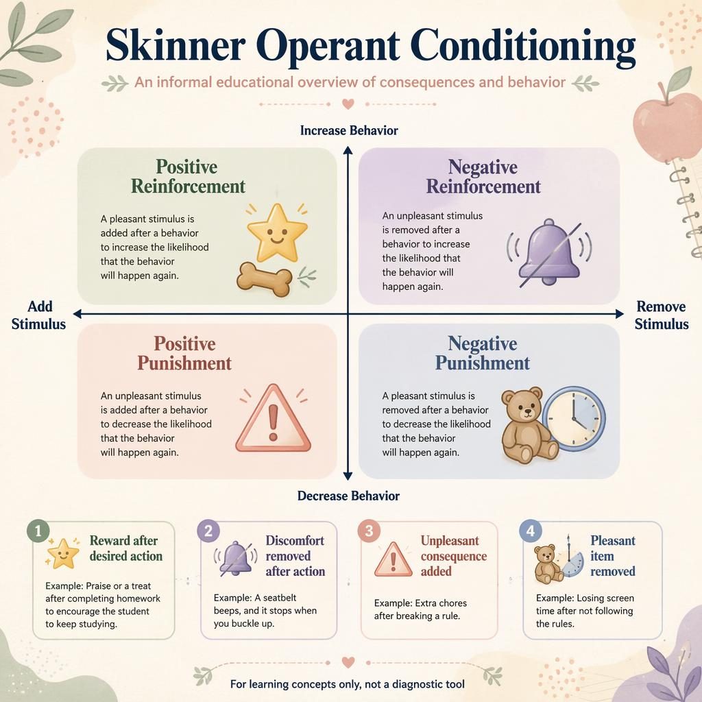 Pastel psychology infographic showing a 2x2 operant conditioning map with four labeled quadrants, icons, captions, and mini-cards.