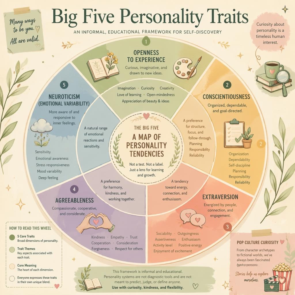 Warm editorial infographic of a Big Five personality wheel with five labeled segments, icons, descriptors, legend, and note.