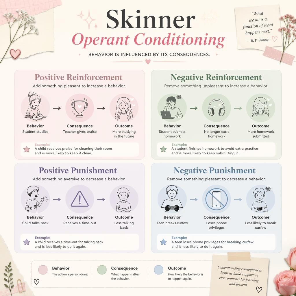 Pastel 4-quadrant infographic on Skinner operant conditioning with headings, icons, captions, examples, arrows, and legend.