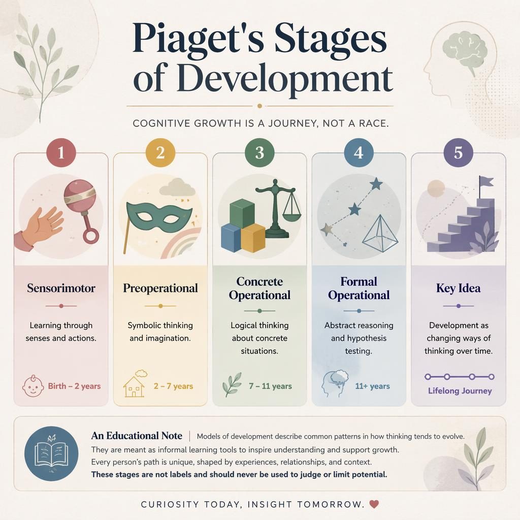 Editorial infographic with 5 numbered cards explaining Piaget stages, icons, muted rainbow palette, and English captions.