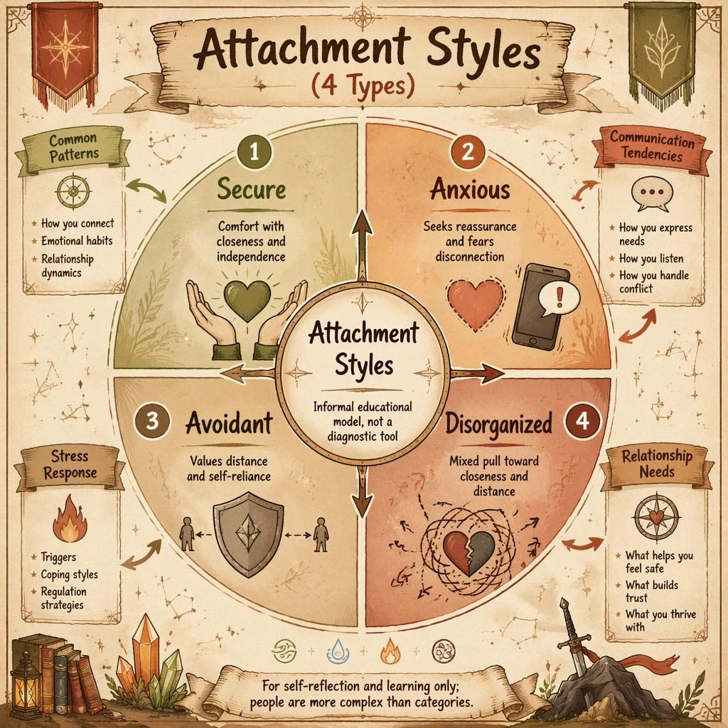 Sketchnote attachment styles wheel infographic with 4 labeled segments, earth-tone icons, arrows, callouts, and footer note.