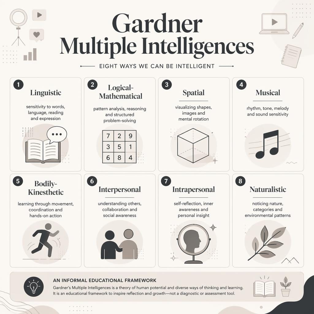 Minimal monochrome poster grid titled Gardner Multiple Intelligences with 8 numbered cards, icons, captions, and disclaimer.