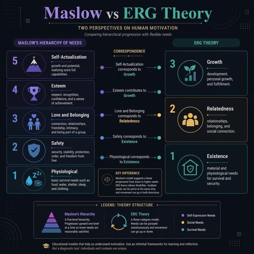Dark mode psychology infographic comparing Maslow hierarchy and ERG theory in two columns with icons, labels, and links.