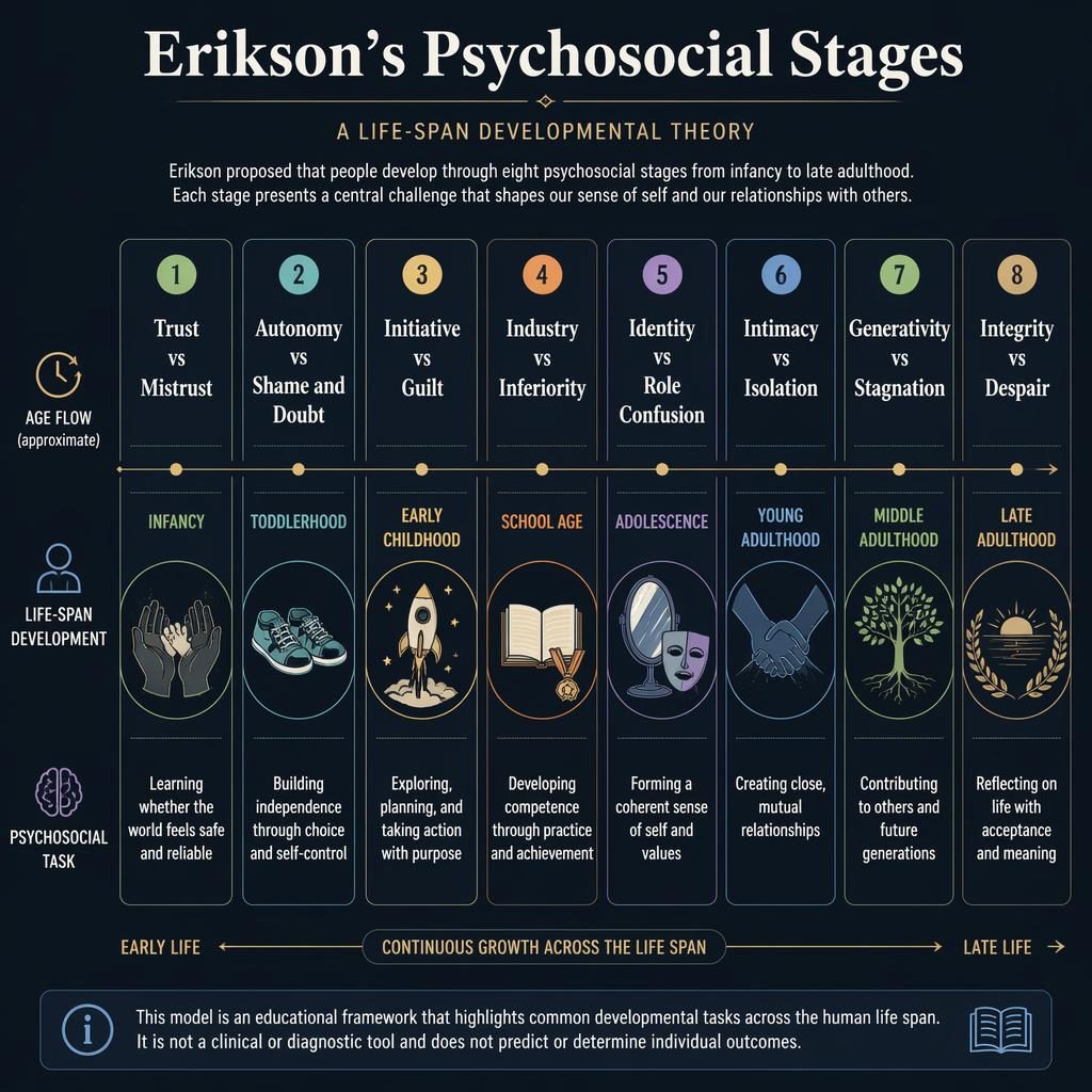 Dark academic infographic poster of Erikson’s 8 psychosocial stages in numbered timeline cards with icons and English labels.